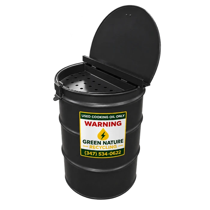 55-gallon steel drum with a Green Nature Recycling used cooking oil sticker