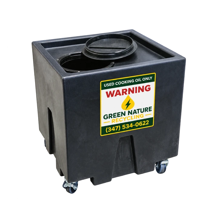 70-gallon indoor wheeled oil container with a Green Nature Recycling sticker