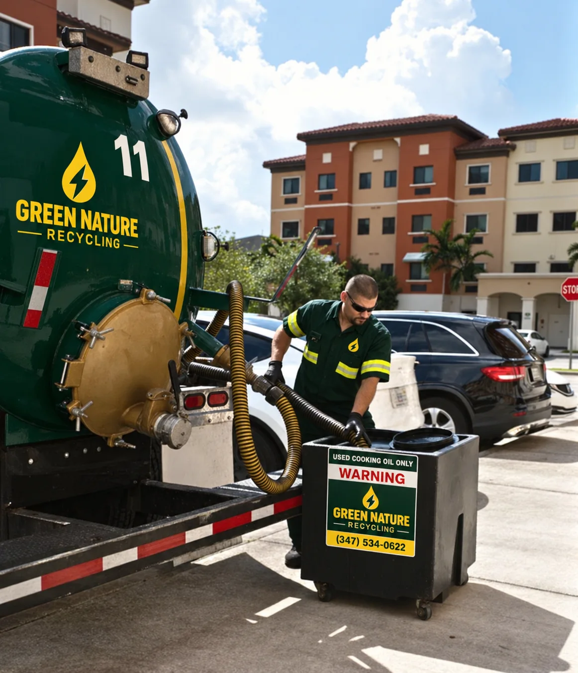 Technician using a collection hose beside a truck and small oil container