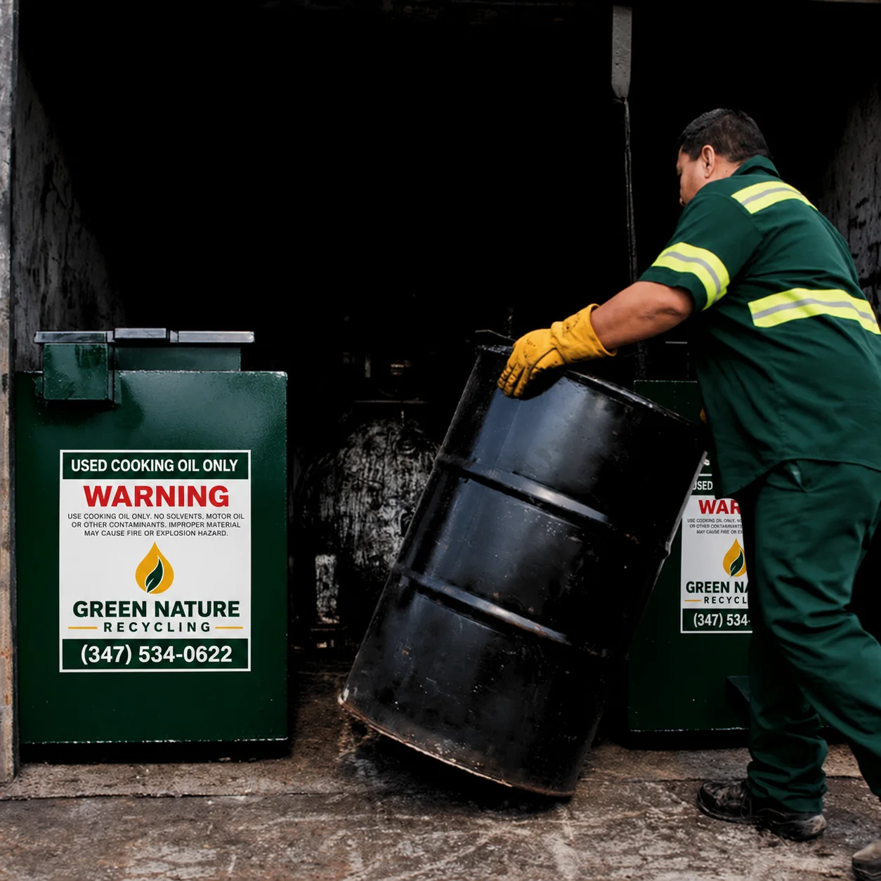 Crew member moving a black oil drum beside green containers