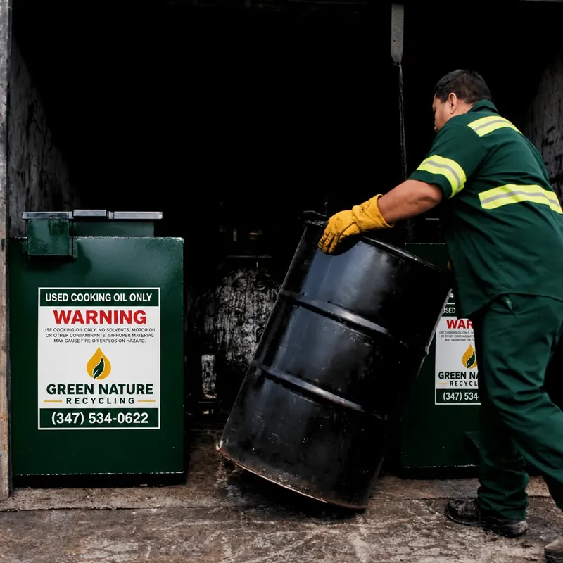 Crew member moving a black oil drum beside green containers