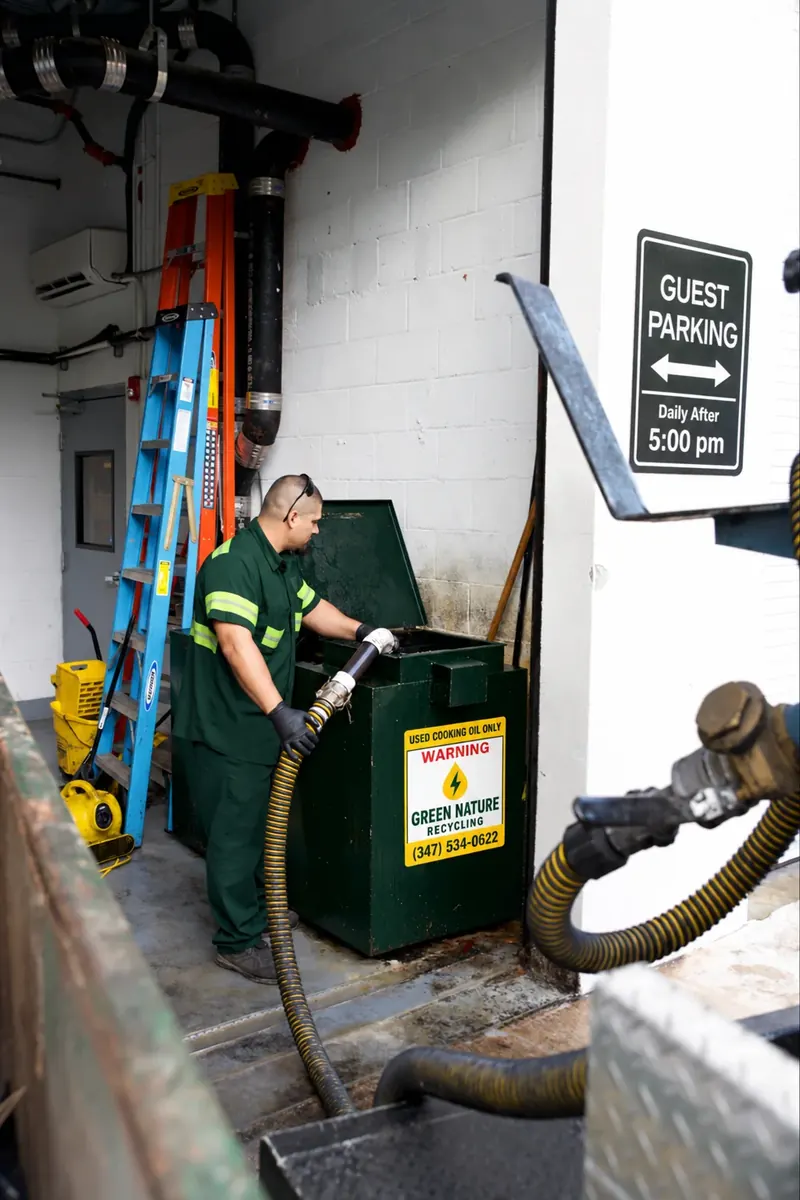 Technician pumping oil from a green container at a service entrance